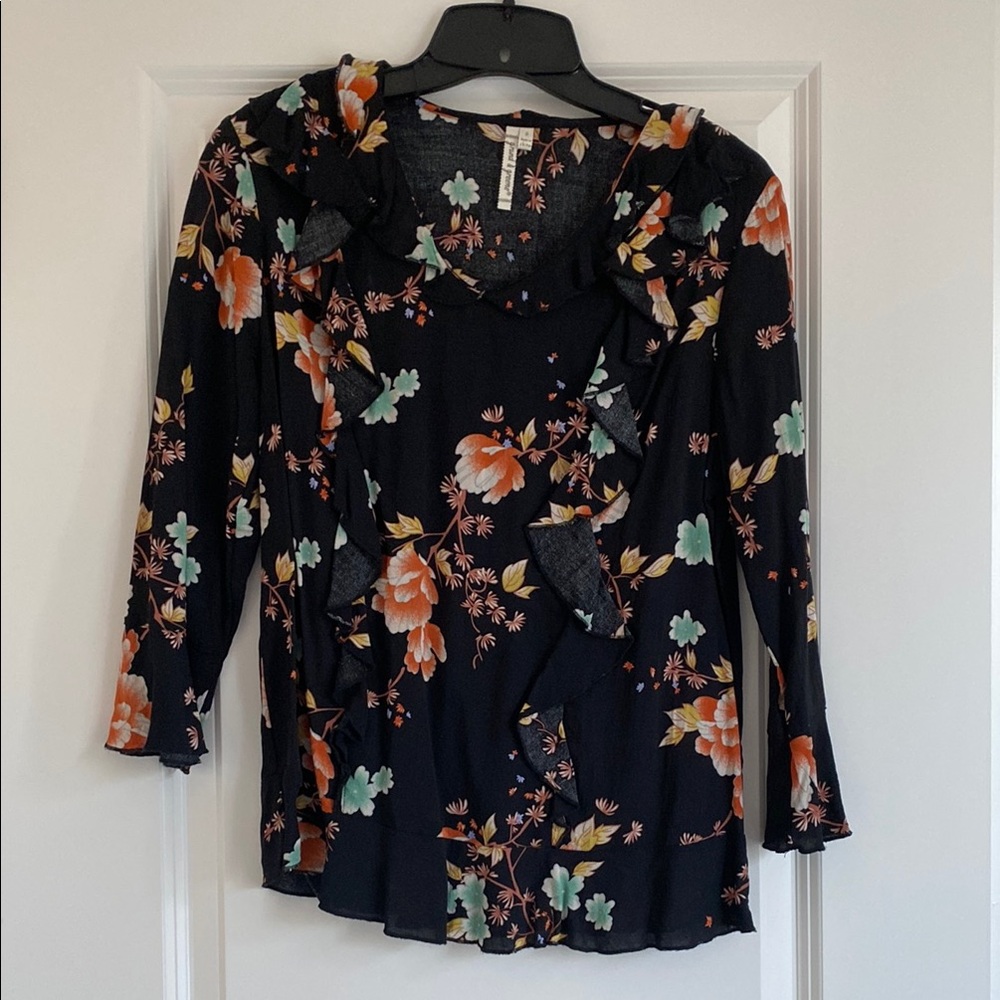 Floral Ruffle Black Top